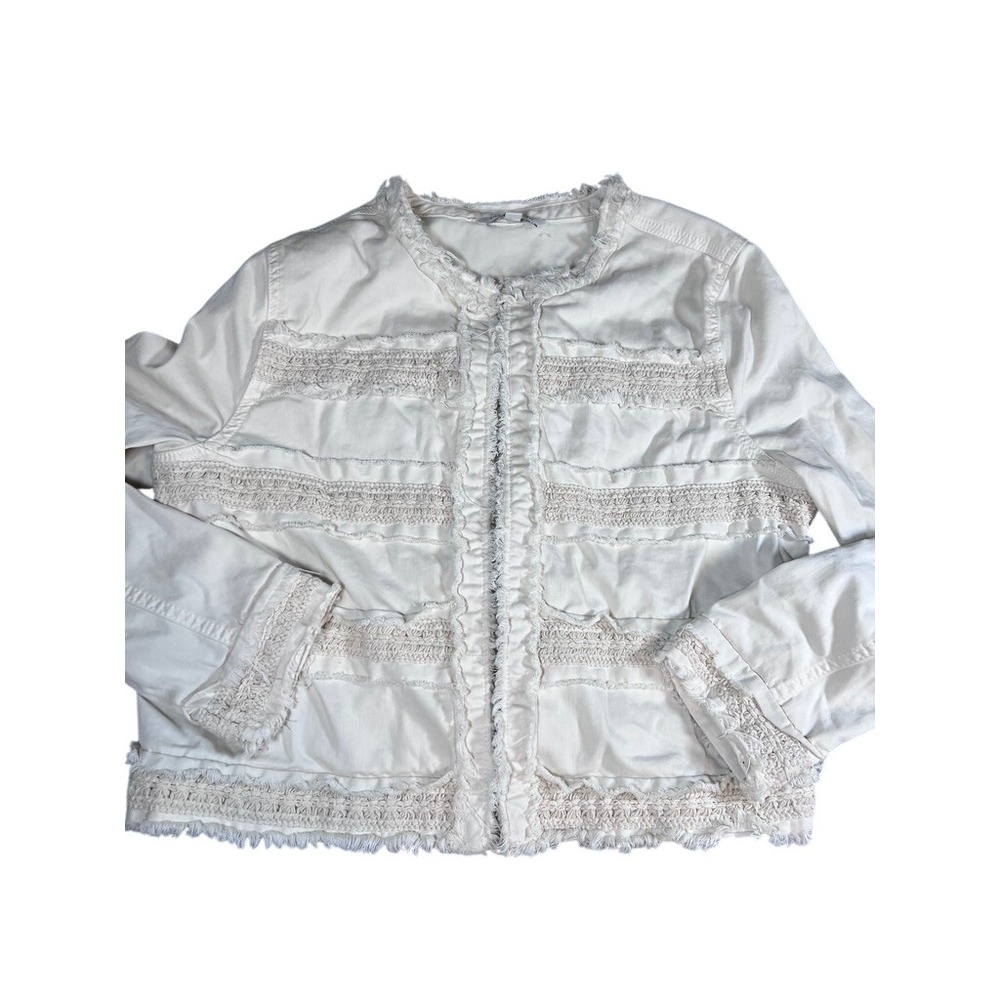 Liverpool Los Angeles Women Off White Crochet Lace Trim Frayed Denim Jacket M